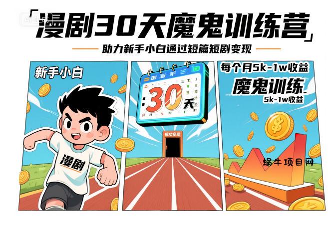 漫剧30天魔鬼训练营，助力新手小白通过短篇短剧变现，每个月5k-1w收益-蜗牛项目网