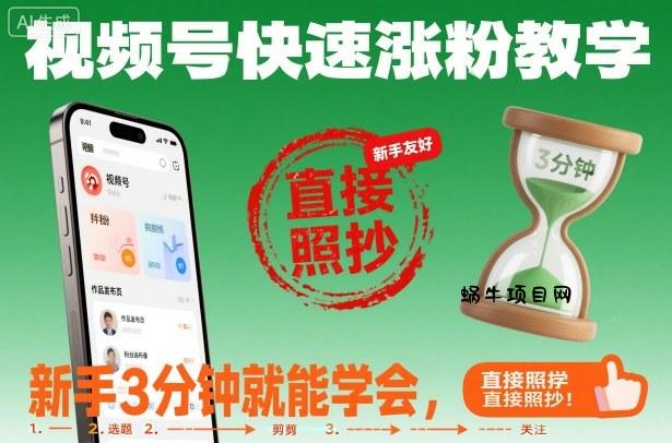 视频号快速涨粉教学，新手3分钟就能学会，直接照抄！-蜗牛项目网