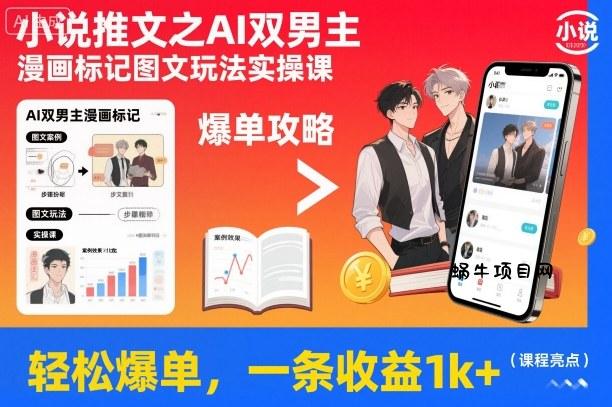 小说推文之AI双男主漫画标记图文玩法实操课，轻松爆单，一条收益1k+-蜗牛项目网