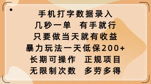 手机打字数据录入，几秒一单，有手就行，只要做当天就有收益，暴力玩法一天低保2张-蜗牛项目网
